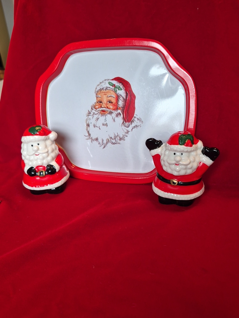 Festive Red Santa Serving Tray and Salt & Pepper Shakers - Holiday Home Décor